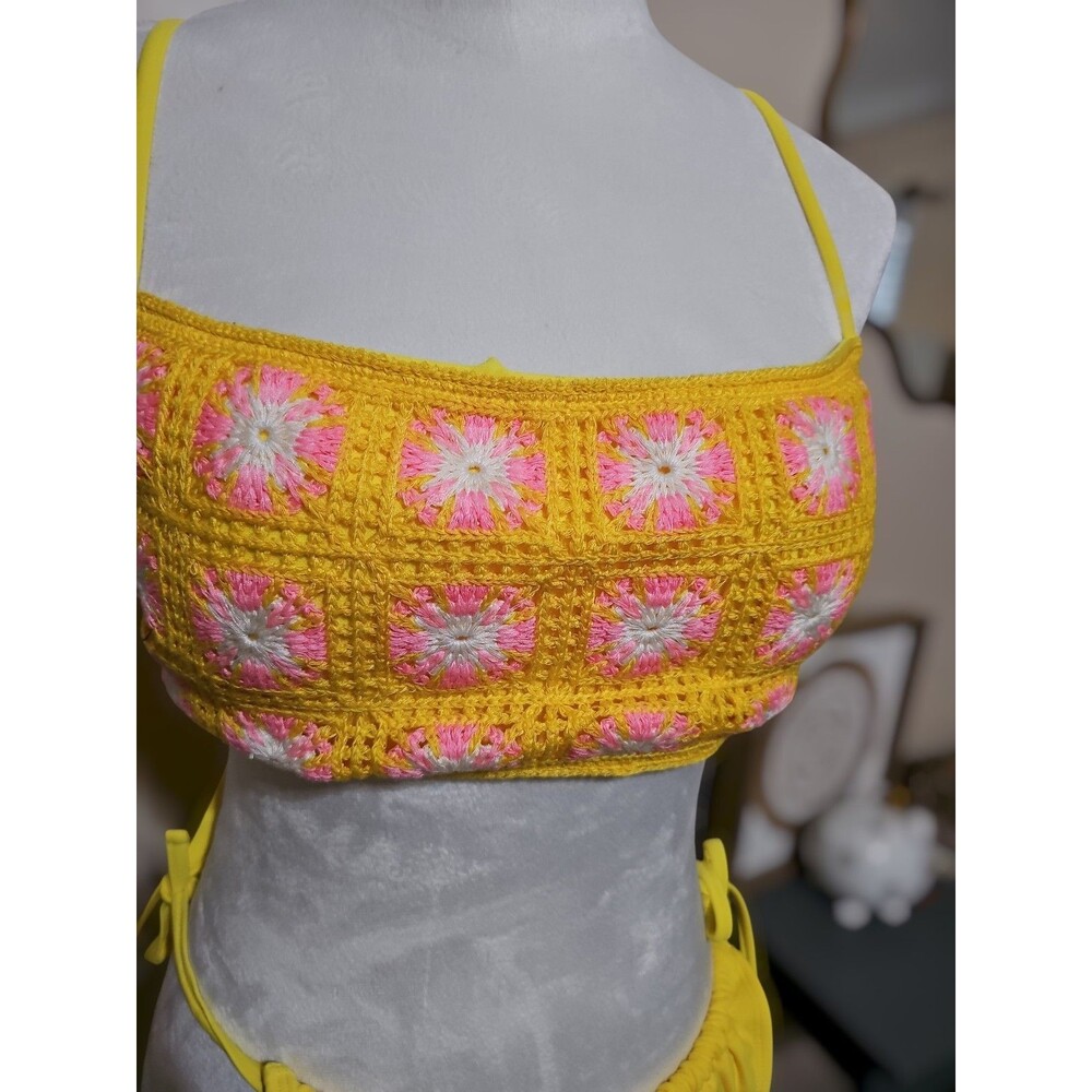 Wild Fable  Womens Bikini Set  Top Bandeau Crochet Yellow & Pink  Size XL - Picture 5 of 10